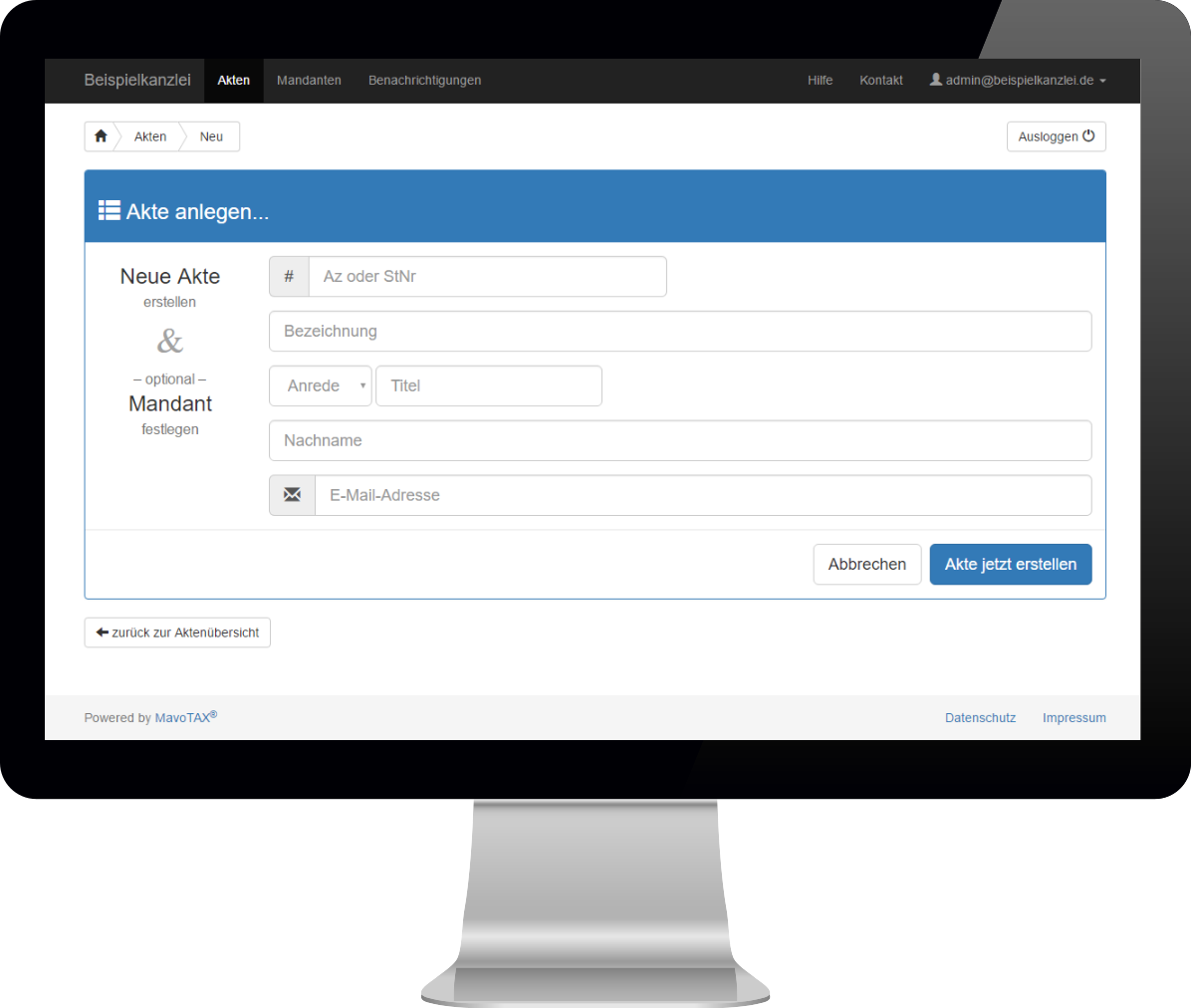 Screenshot des Formulars zum Anlegen einer Akte und eines Mandanten