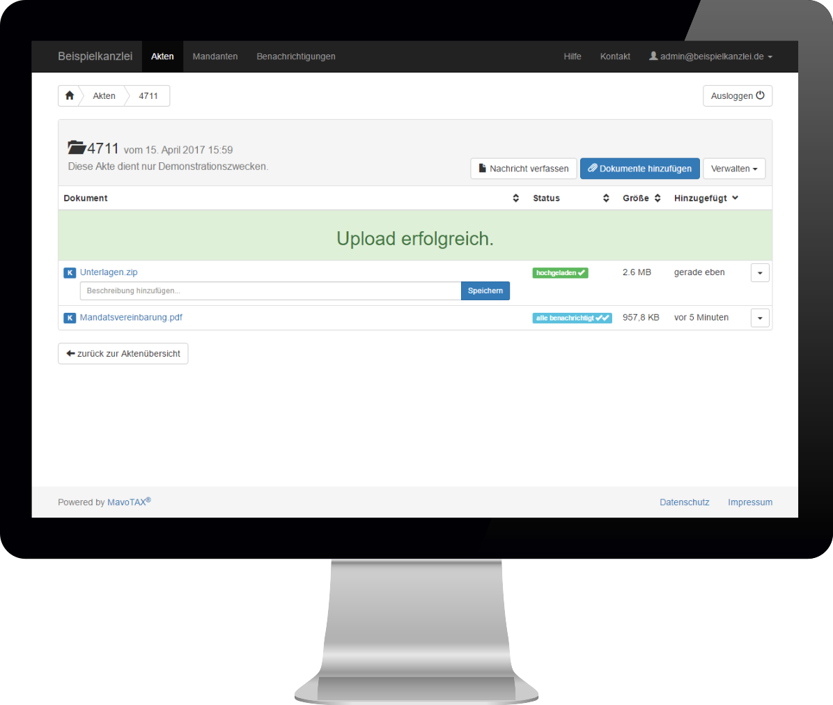 Screenshot der Aktenansicht nach erfolgtem Dokumentupload